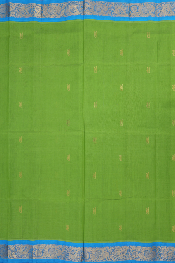 Silk Cotton Saree In Parrot Green With Paisley Buttas