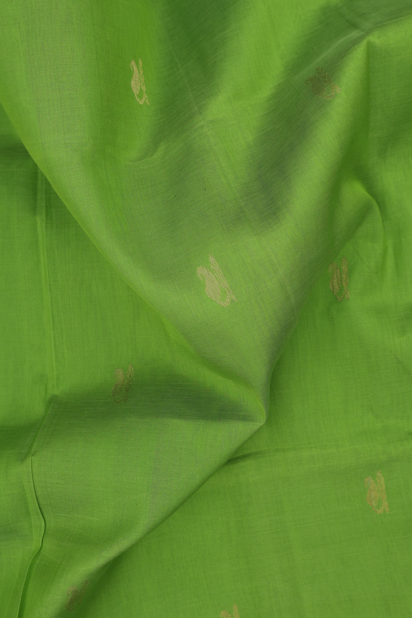 Silk Cotton Saree In Parrot Green With Paisley Buttas