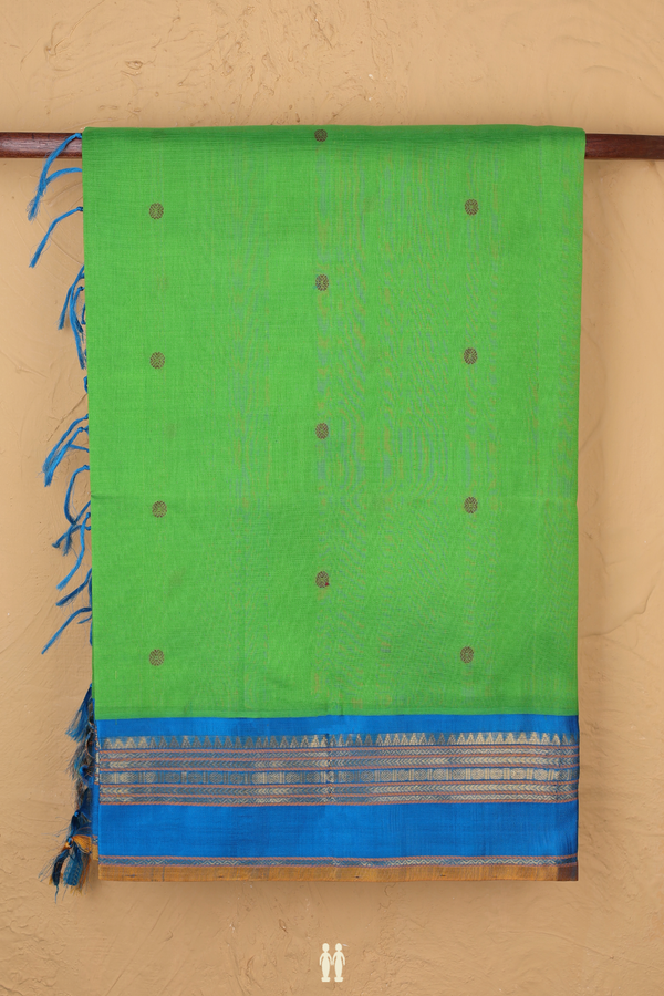 Silk Cotton Saree In Parrot Green With Threadwork Buttas