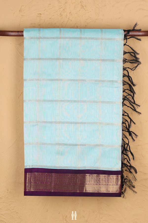Silk Cotton Saree In Pastel Blue With Checks Design