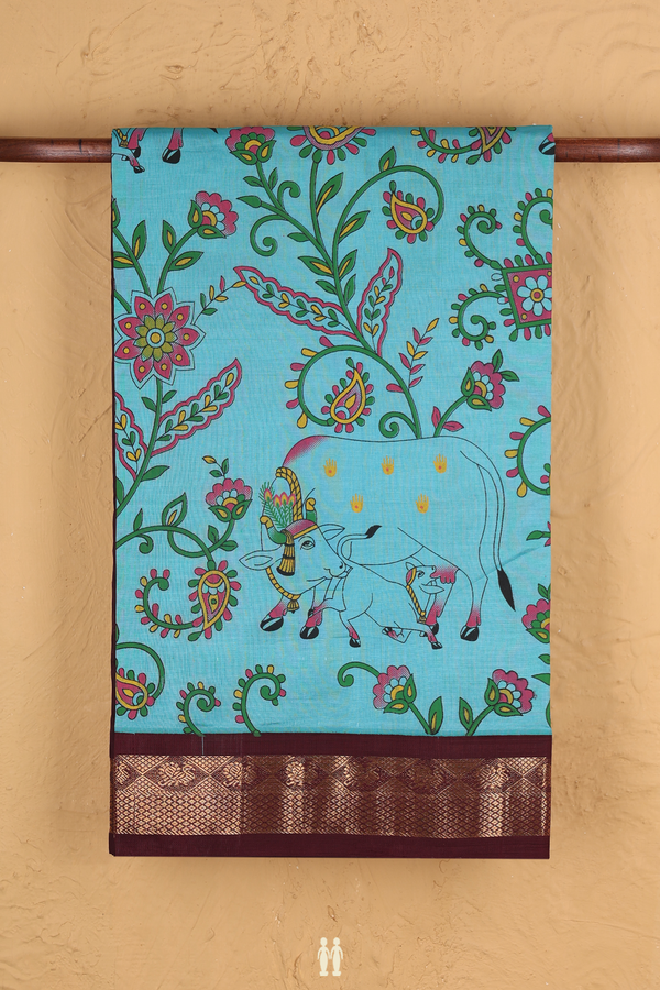 Traditional Silk Cotton Saree In Blue With Floral Design