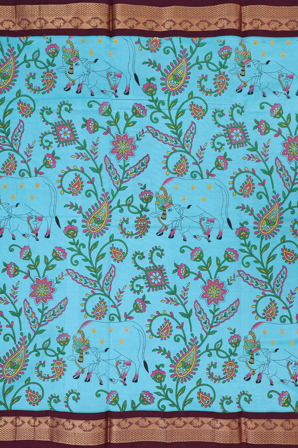 Traditional Silk Cotton Saree In Blue With Floral Design