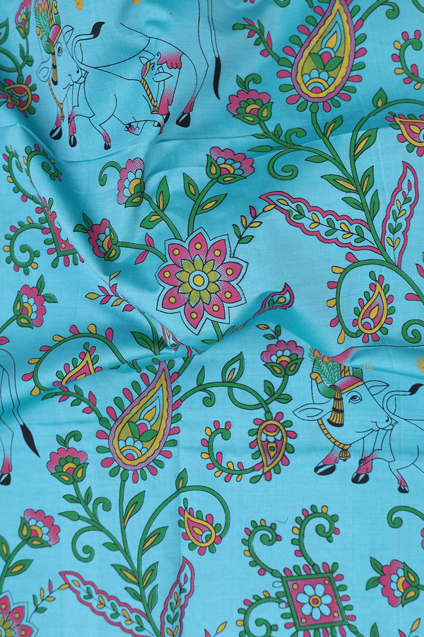Traditional Silk Cotton Saree In Blue With Floral Design