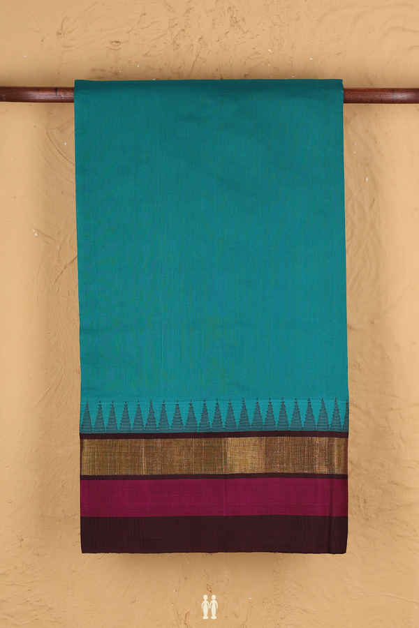 Silk Cotton Saree In Peacock Green With Contrast Border