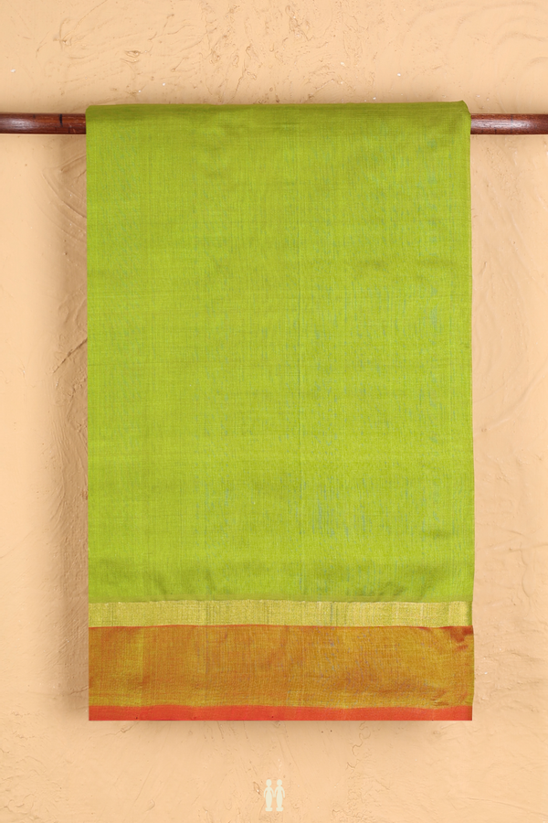 Silk Cotton Saree In Pear Green With Contrast Border