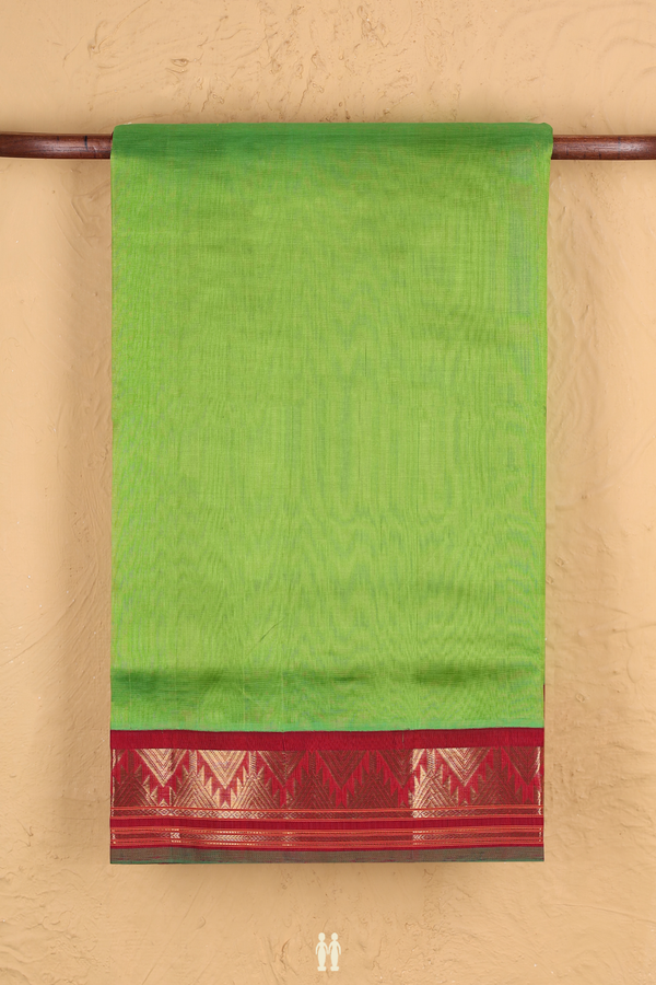 Silk Cotton Saree In Plain Green With Temple Border
