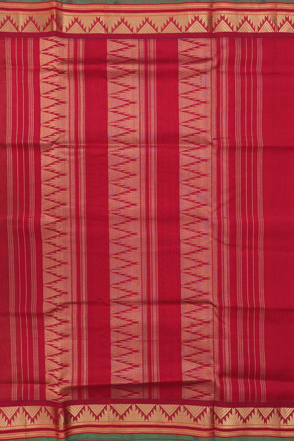 Silk Cotton Saree In Plain Green With Temple Border