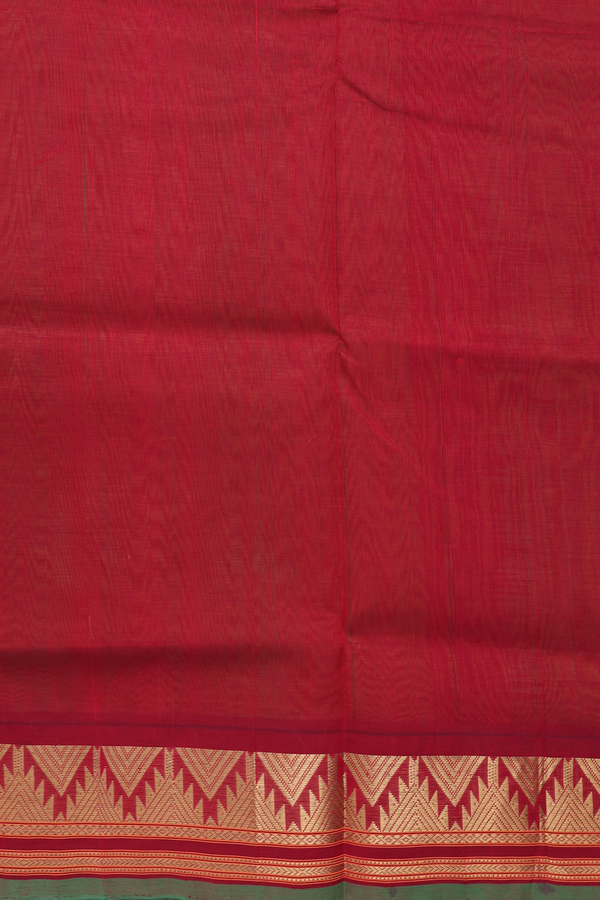 Silk Cotton Saree In Plain Green With Temple Border