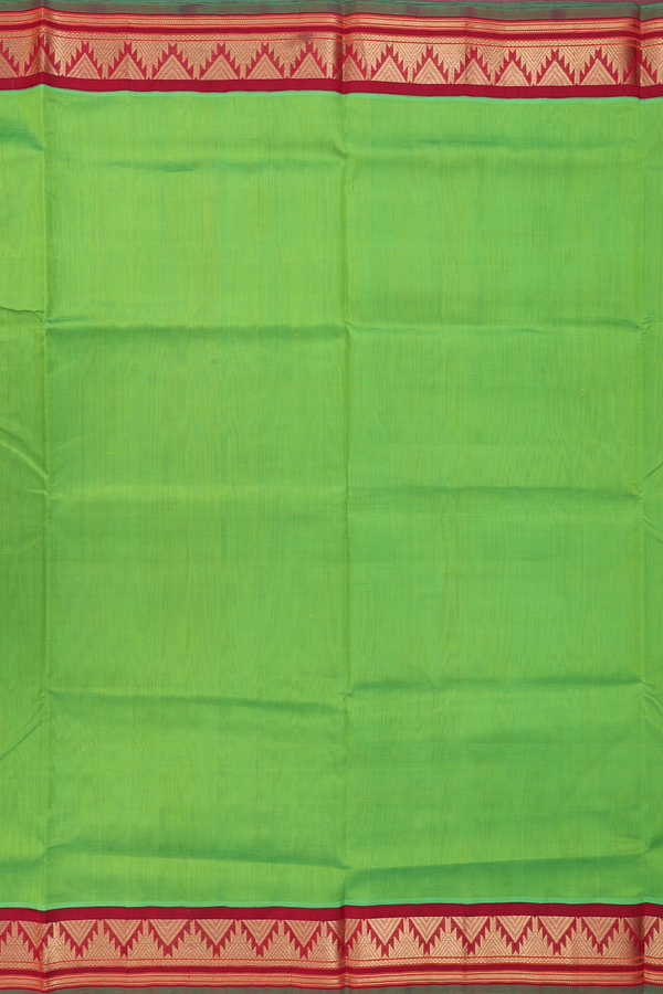 Silk Cotton Saree In Plain Green With Temple Border
