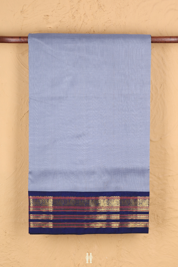 Silk Cotton Saree In Plain Steel Blue With Contrast Border