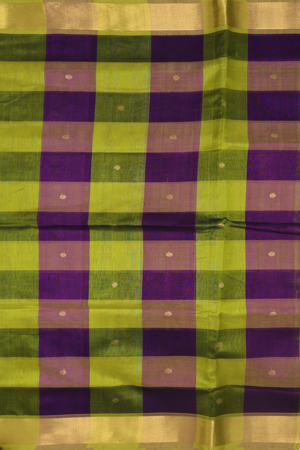 Silk Cotton Saree In Purple And Green With Checks Design