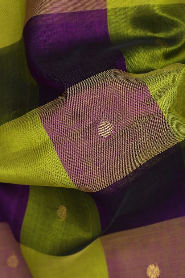 Silk Cotton Saree In Purple And Green With Checks Design