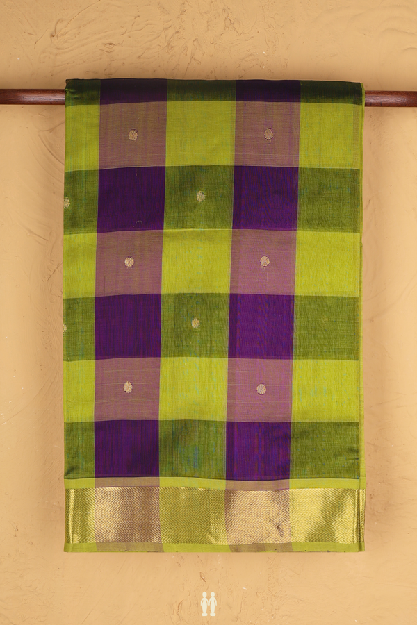 Silk Cotton Saree In Purple And Green With Checks Design