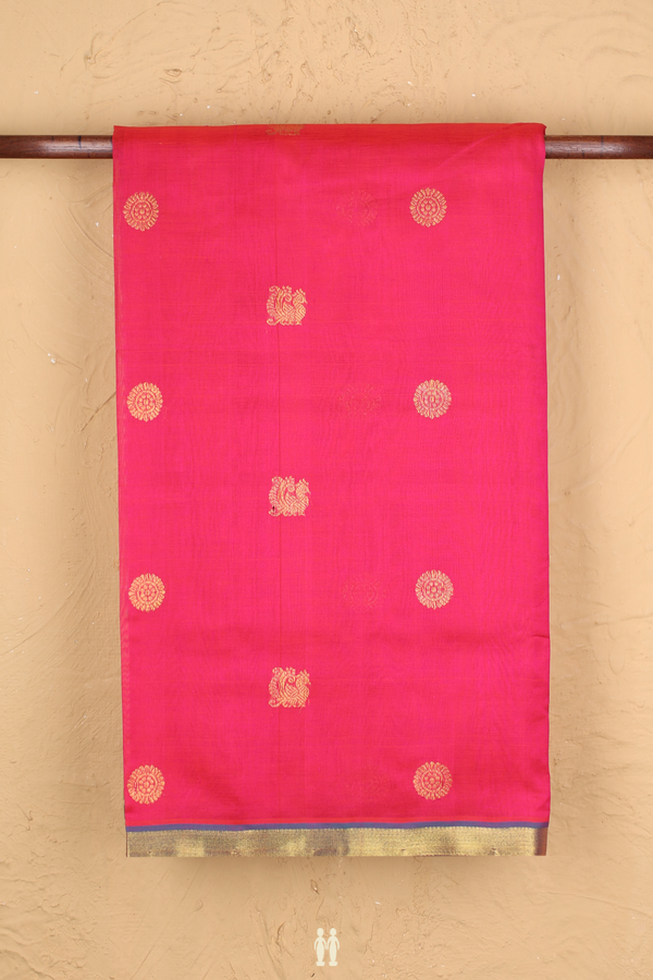 Silk Cotton Saree In Rani Pink With Peacock Buttas