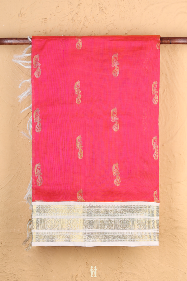 Silk Cotton Saree In Rani Pink With Peacock Buttas