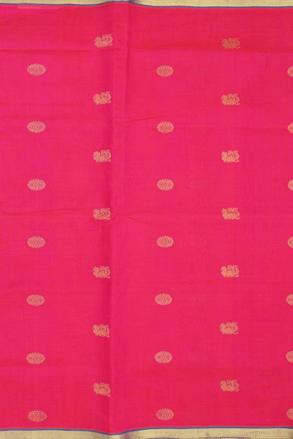 Silk Cotton Saree In Rani Pink With Peacock Buttas
