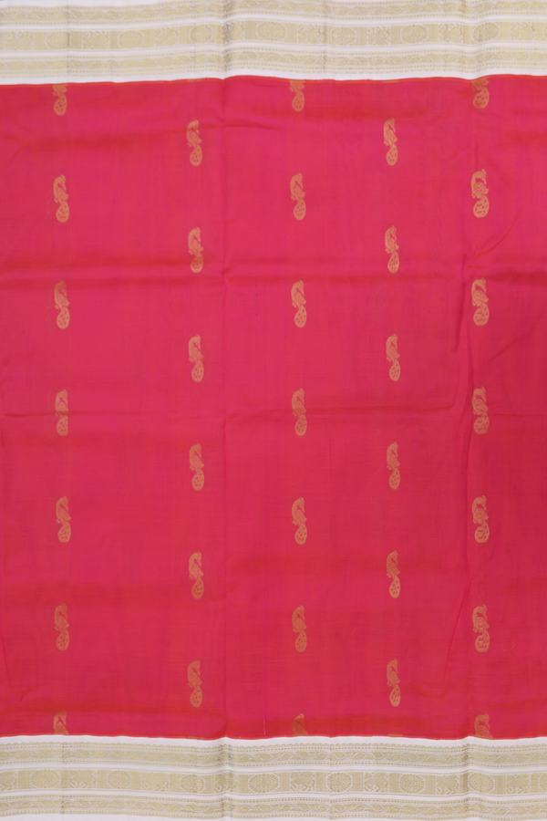 Silk Cotton Saree In Rani Pink With Peacock Buttas