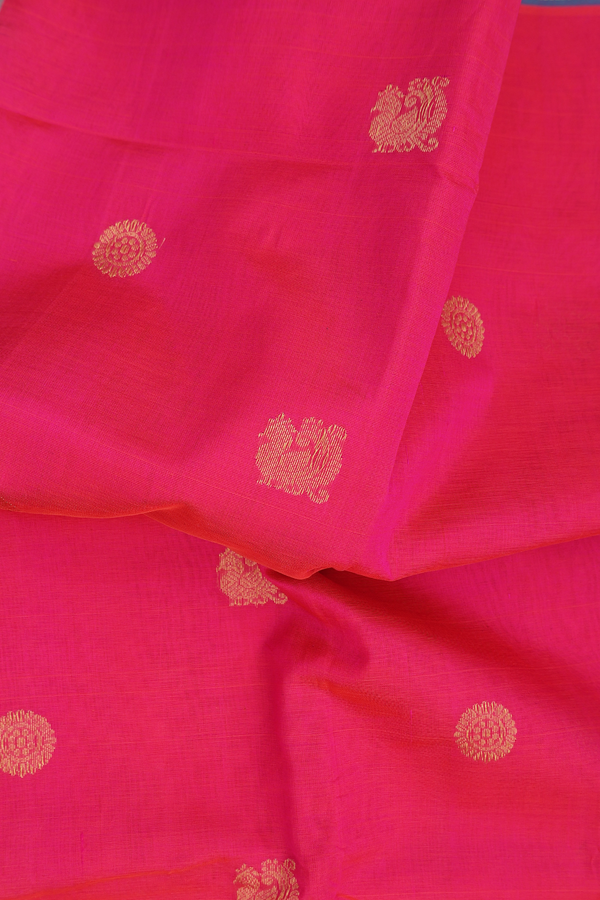 Silk Cotton Saree In Rani Pink With Peacock Buttas