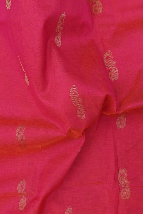 Silk Cotton Saree In Rani Pink With Peacock Buttas