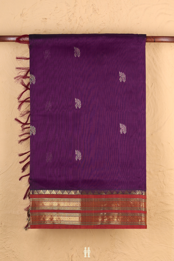Silk Cotton Saree In  Purple With Zari Buttas