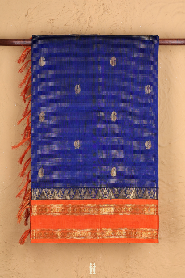 Silk Cotton Saree In Royal Blue Along Checks With Buttas