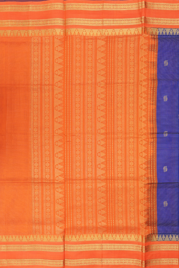 Silk Cotton Saree In Royal Blue Along Checks With Buttas