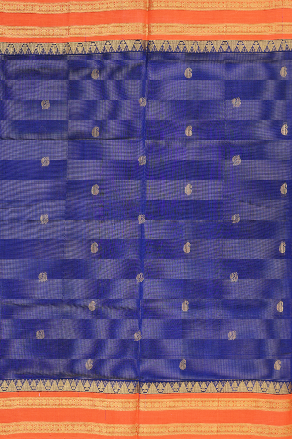 Silk Cotton Saree In Royal Blue Along Checks With Buttas