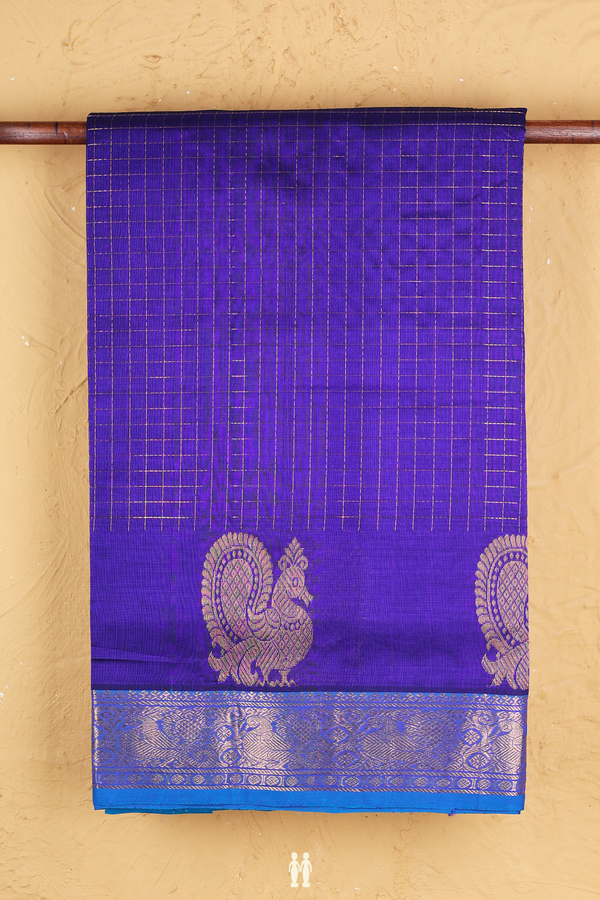 Silk Cotton Saree In Royal Blue With Checks Design