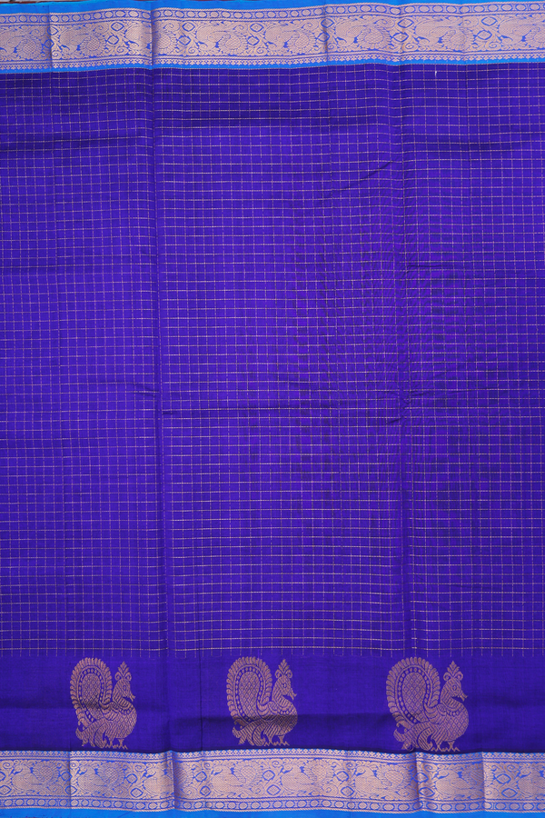 Silk Cotton Saree In Royal Blue With Checks Design