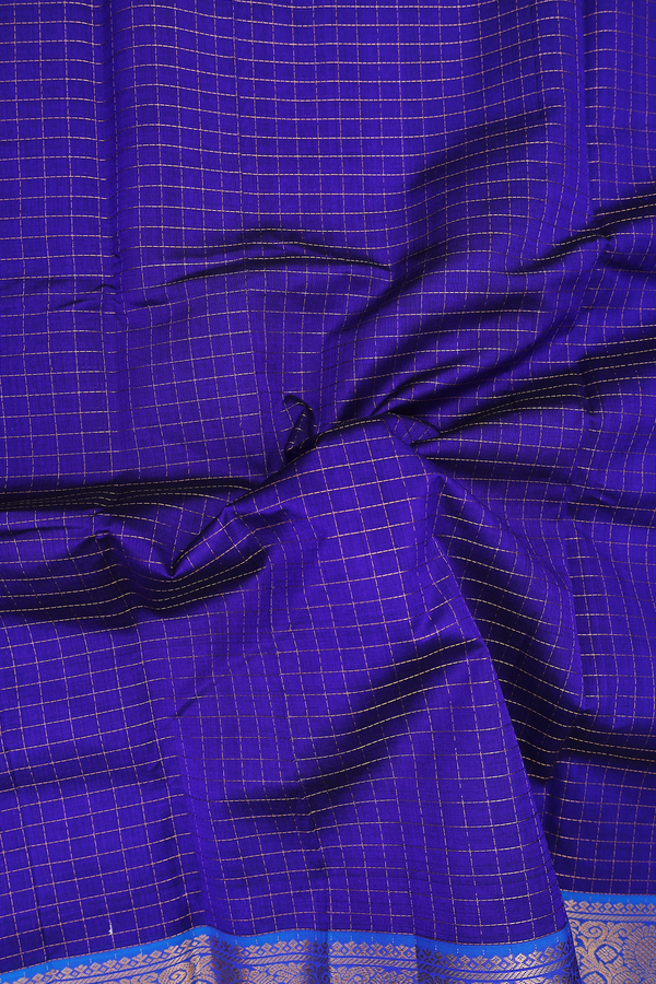 Silk Cotton Saree In Royal Blue With Checks Design