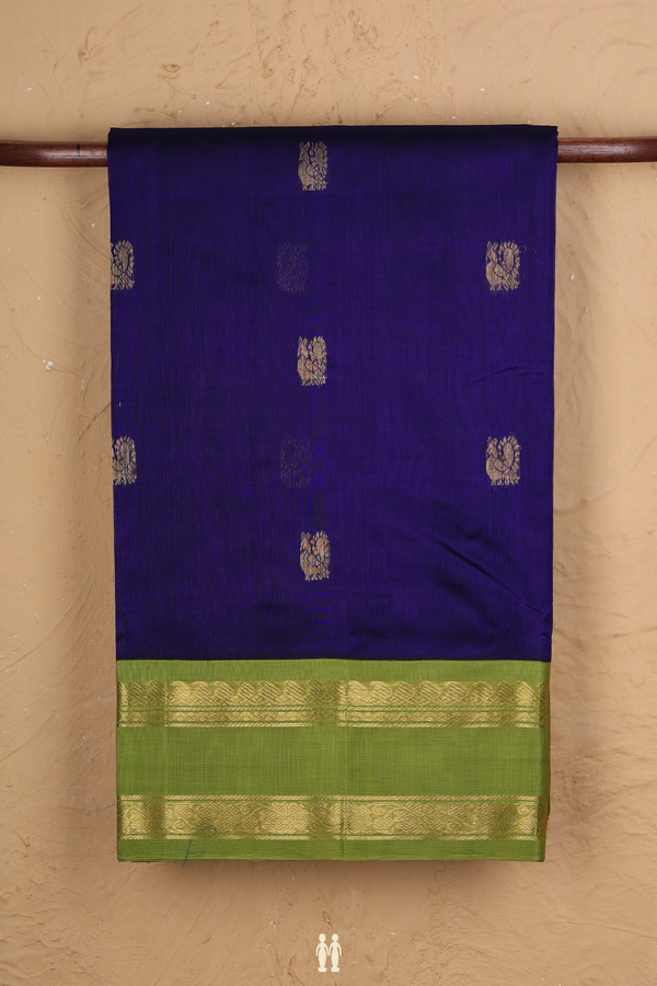 Traditional Silk Cotton Saree In Blue With Peacock Buttas