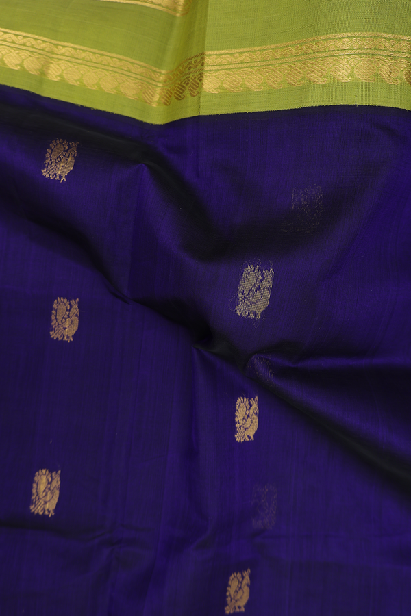 Traditional Silk Cotton Saree In Blue With Peacock Buttas