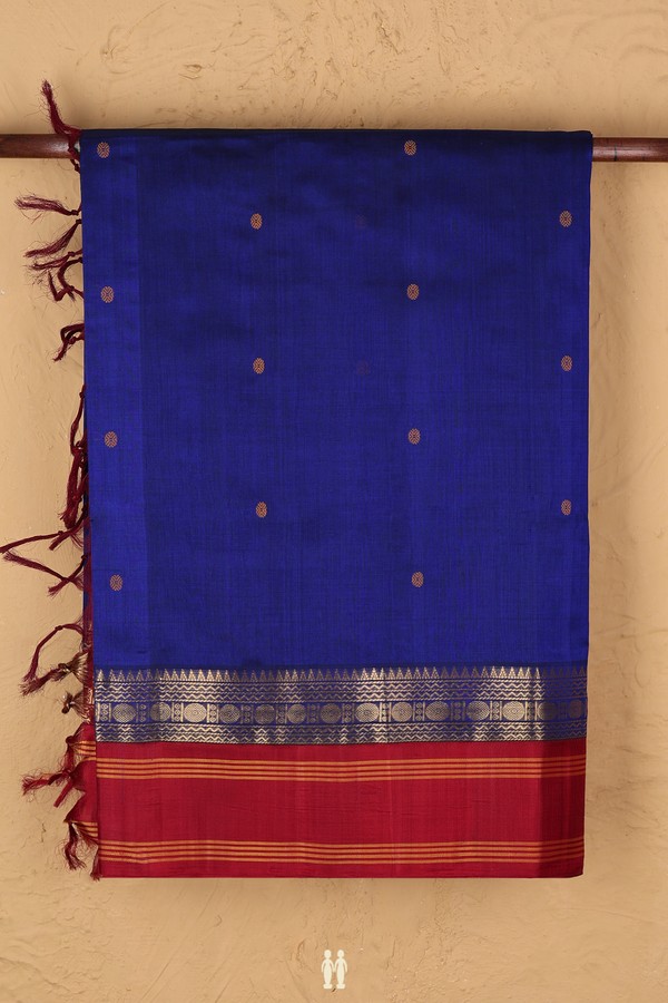 Silk Cotton Saree In Royal Blue With Threadwork Buttas