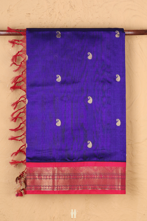 Silk Cotton Saree In Royal Blue With Paisley Buttas