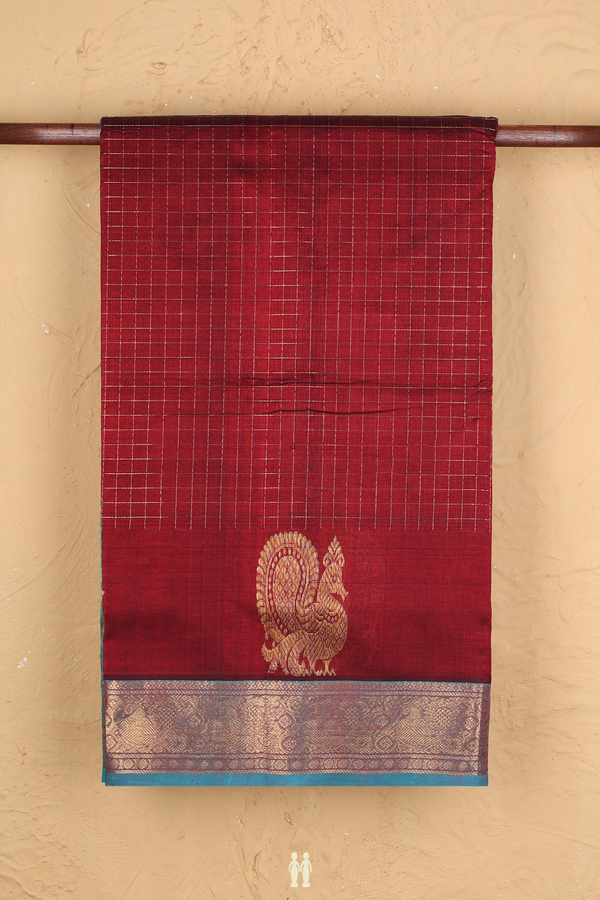 Silk Cotton Saree In Rust Red With Checks Design