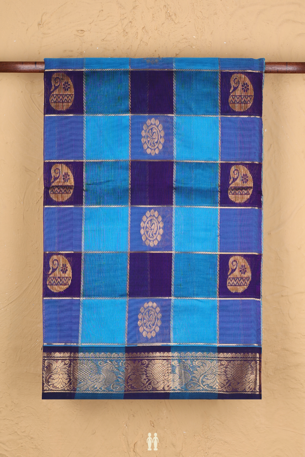 Silk Cotton Saree In Shades Of Blue With Checks Design