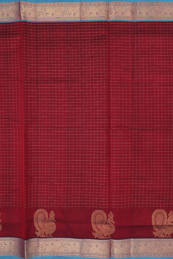 Silk Cotton Saree In Rust Red With Checks Design