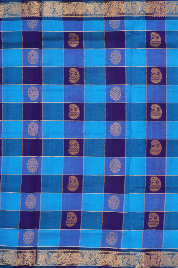 Silk Cotton Saree In Shades Of Blue With Checks Design