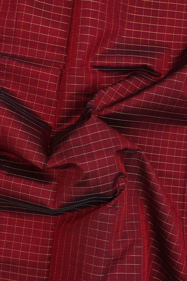 Silk Cotton Saree In Rust Red With Checks Design