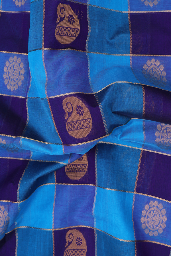 Silk Cotton Saree In Shades Of Blue With Checks Design