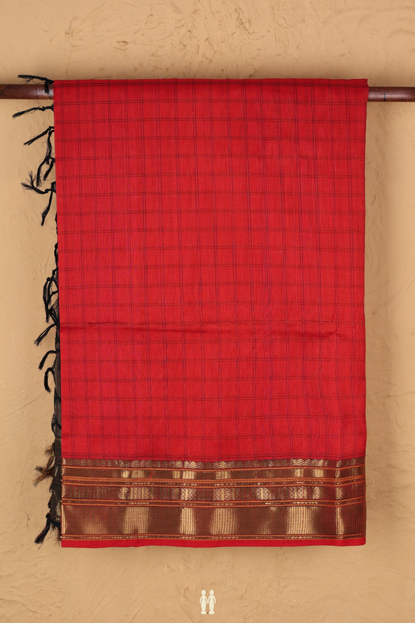 Silk Cotton Saree In Scarlet Red With Checks Design