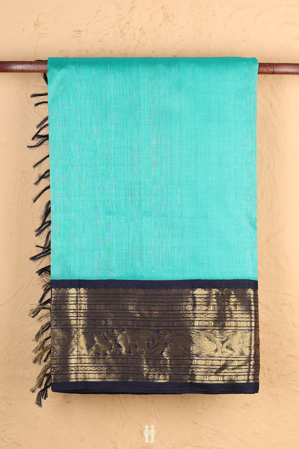 Silk Cotton Saree In Sea Green With Contrast Border
