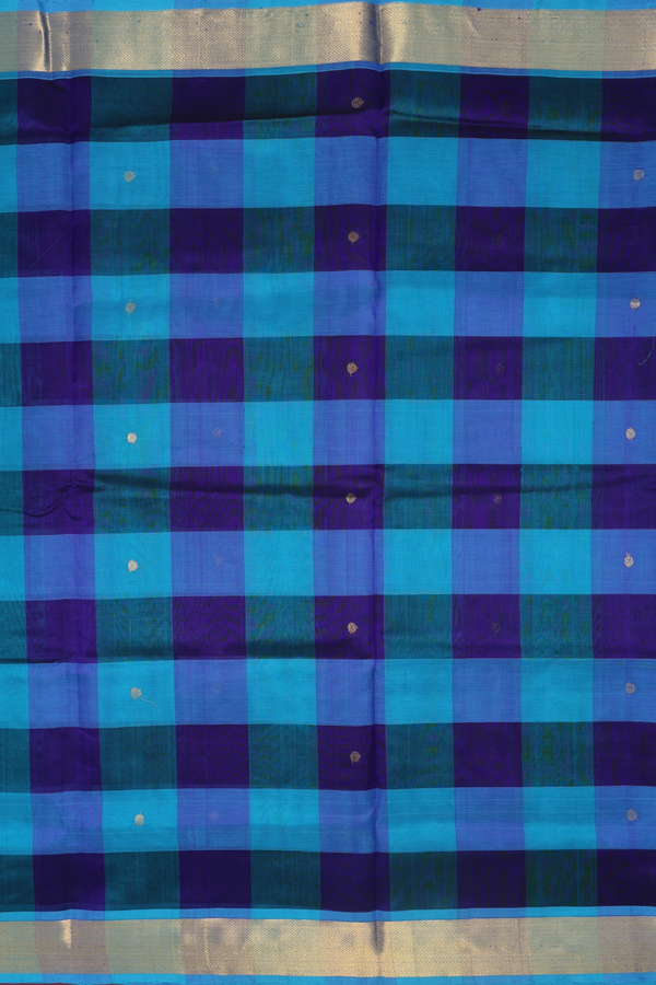 Silk Cotton Saree In Shades Of Blue With Checks Design
