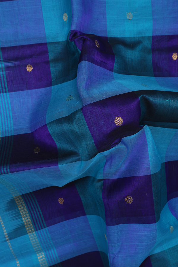 Silk Cotton Saree In Shades Of Blue With Checks Design