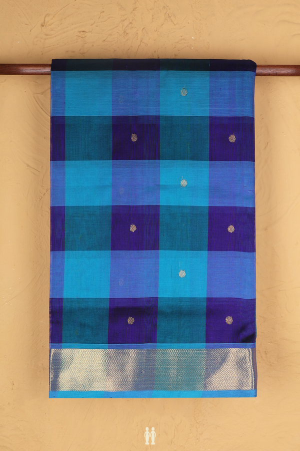 Silk Cotton Saree In Shades Of Blue With Checks Design