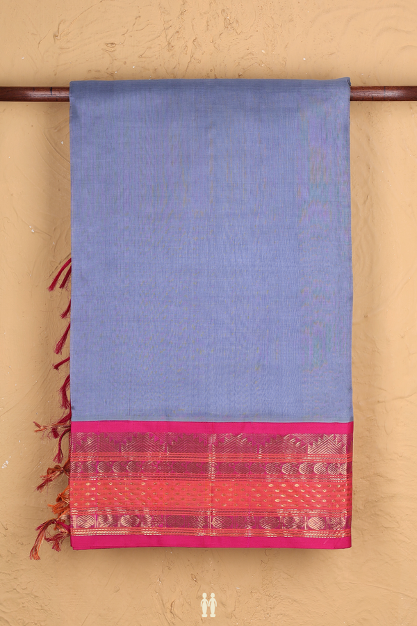 Silk Cotton Saree In Steel Blue With Contrast Border
