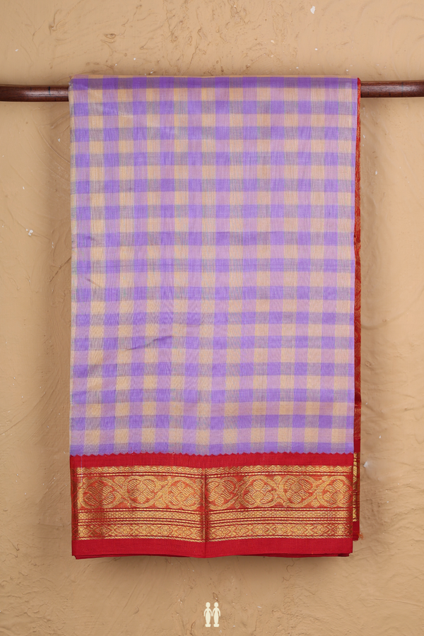 Silk Cotton Saree In Tan And Lavender With Checks Design