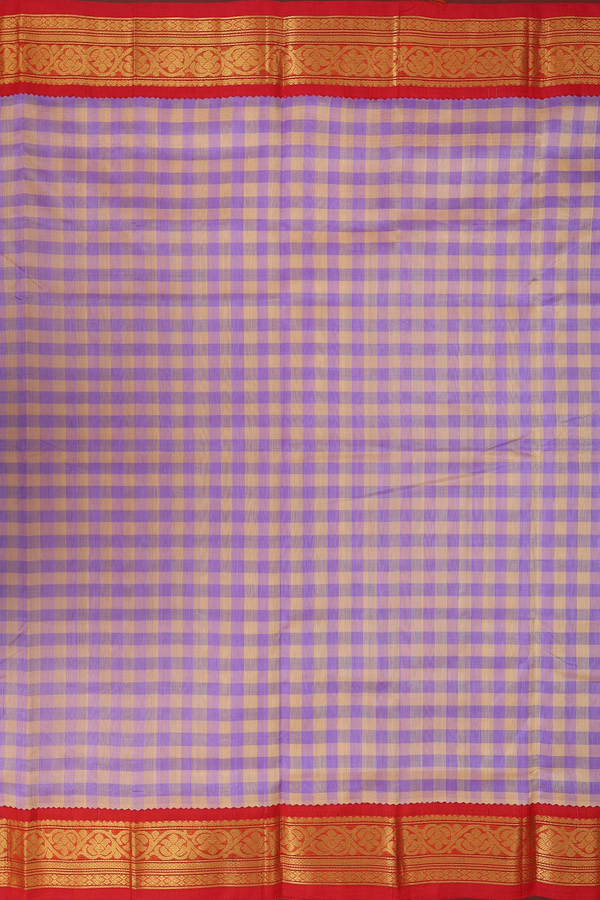 Silk Cotton Saree In Tan And Lavender With Checks Design