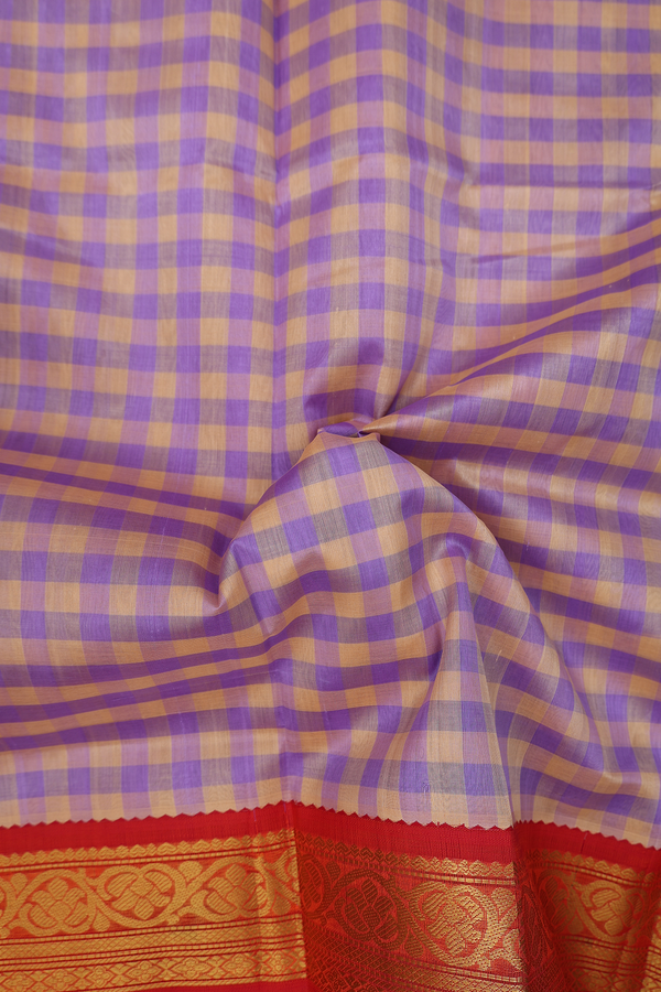 Silk Cotton Saree In Tan And Lavender With Checks Design