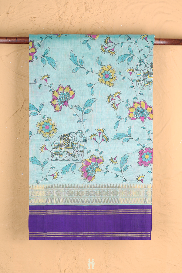 Silk Cotton Saree In Turkish Blue With Printed Design